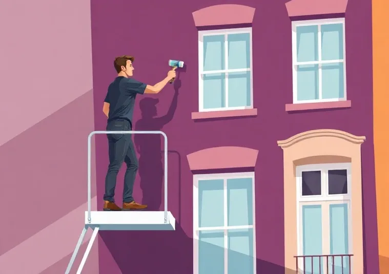Peintre sur échafaudage traitant la façade d'une maison