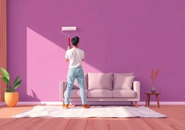 Peintre appliquant la peinture au rouleau sur un mur de salon